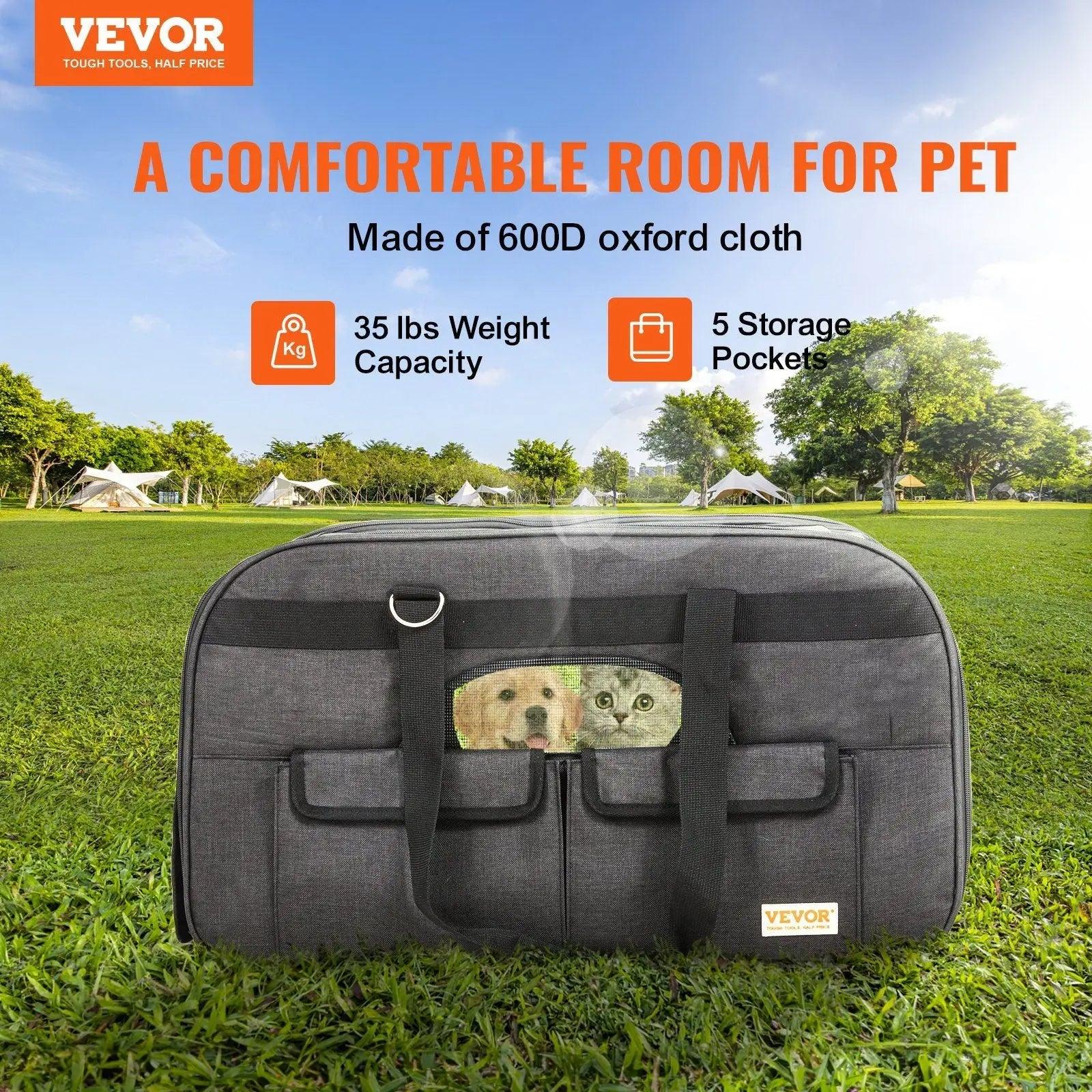 VEVOR Cat Carrier with Wheels, Rolling Pet Carrier with Telescopic Handle and Shoulder Strap, Dog Carrier with Wheels for Pets under 35 lbs, with 1 Folding Bowl, Black Doba