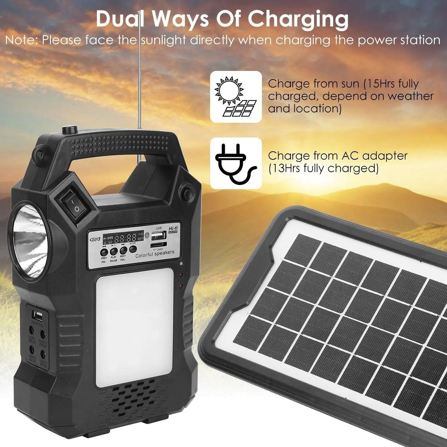 Portable Solar Power Station Rechargeable Backup Power Bank w/Flashlight 3 Lighting Bulbs For Camping Outage Garden Lamp Doba