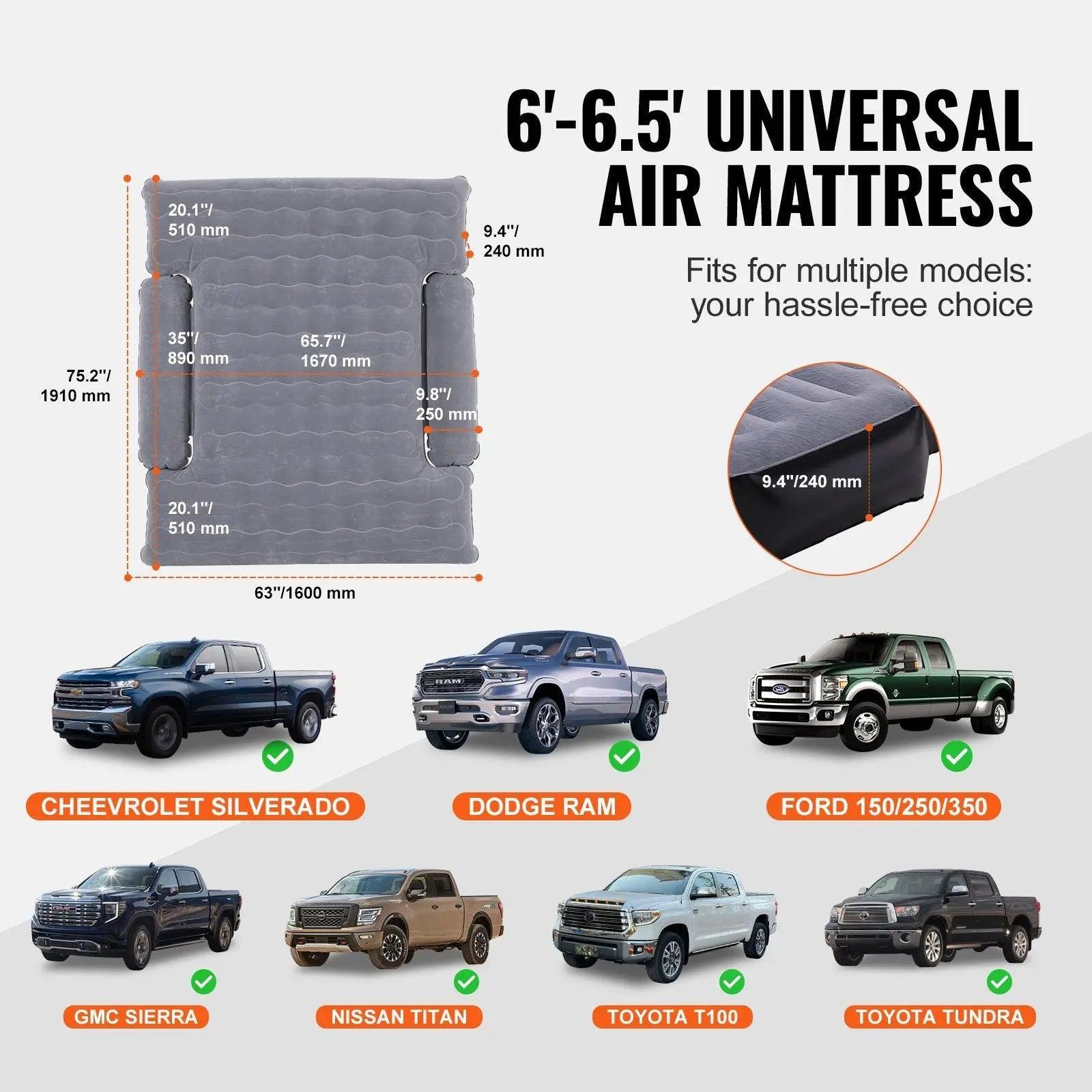 VEVOR Truck Bed Air Mattress, for 6-6.5 ft Full Size Truck Beds, Inflatable Air Mattress Camping Bed with 12V Air Pump 2 Pillows, Carry Bag, for Chevrolet Silverado, Dodge Ram, Ford 150/250/350 Doba