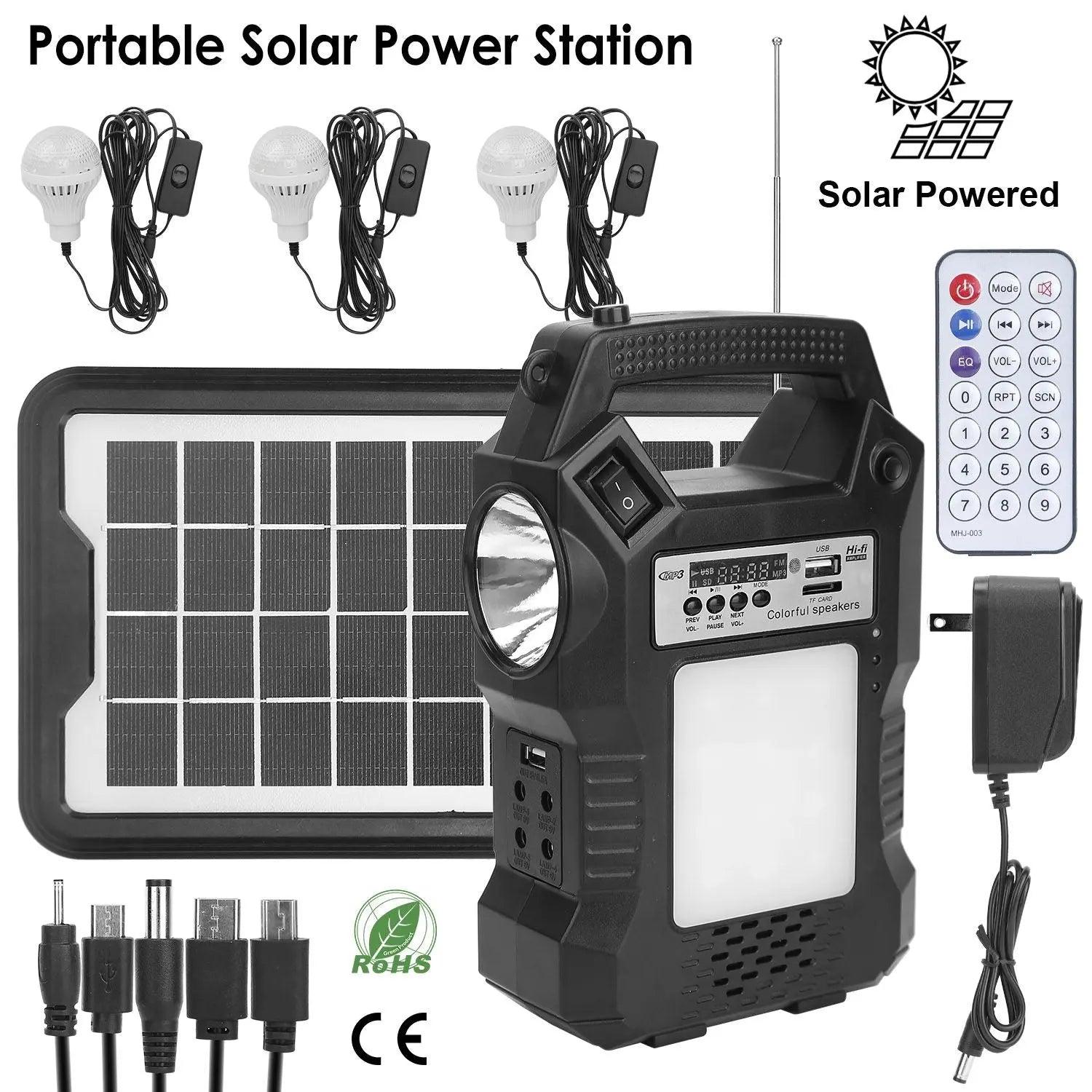 Portable Solar Power Station Rechargeable Backup Power Bank w/Flashlight 3 Lighting Bulbs For Camping Outage Garden Lamp Doba