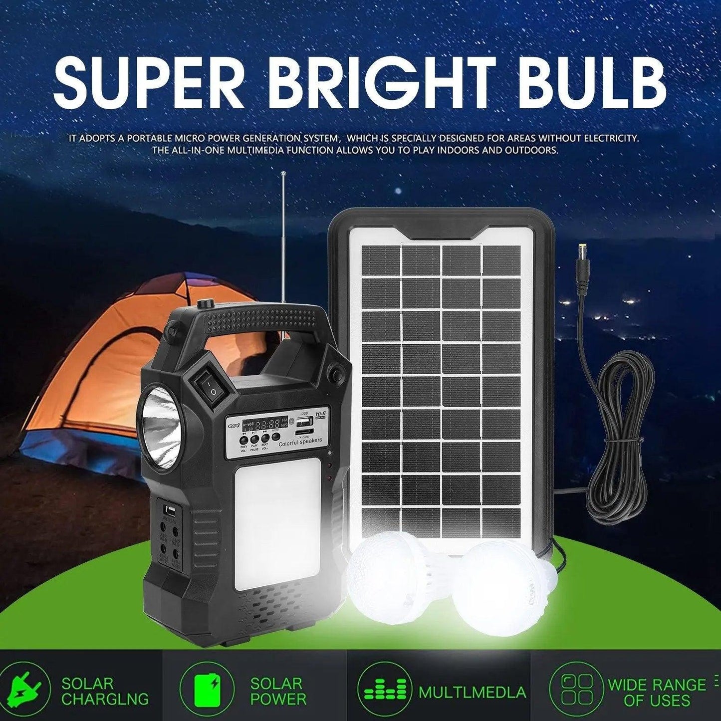 Portable Solar Power Station Rechargeable Backup Power Bank w/Flashlight 3 Lighting Bulbs For Camping Outage Garden Lamp Doba