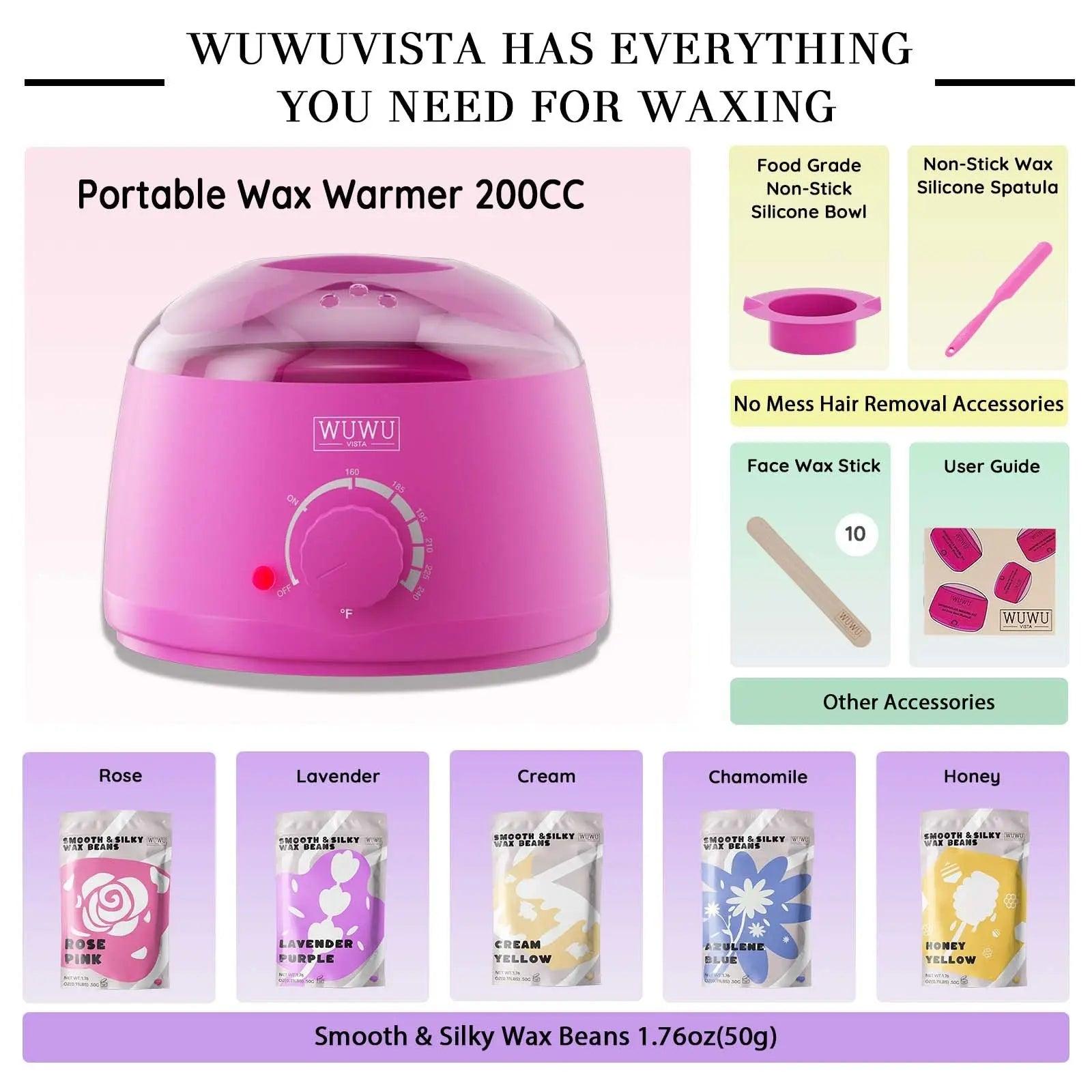 Waxing Kit WUWUVISTA Hair Removal Wax Kit With Wax Melt Warmer Waxing Beads For Face, Brazilian, Full Body, Bikini 19 Items Suitable For Plugs Of American,And European Specifications Doba