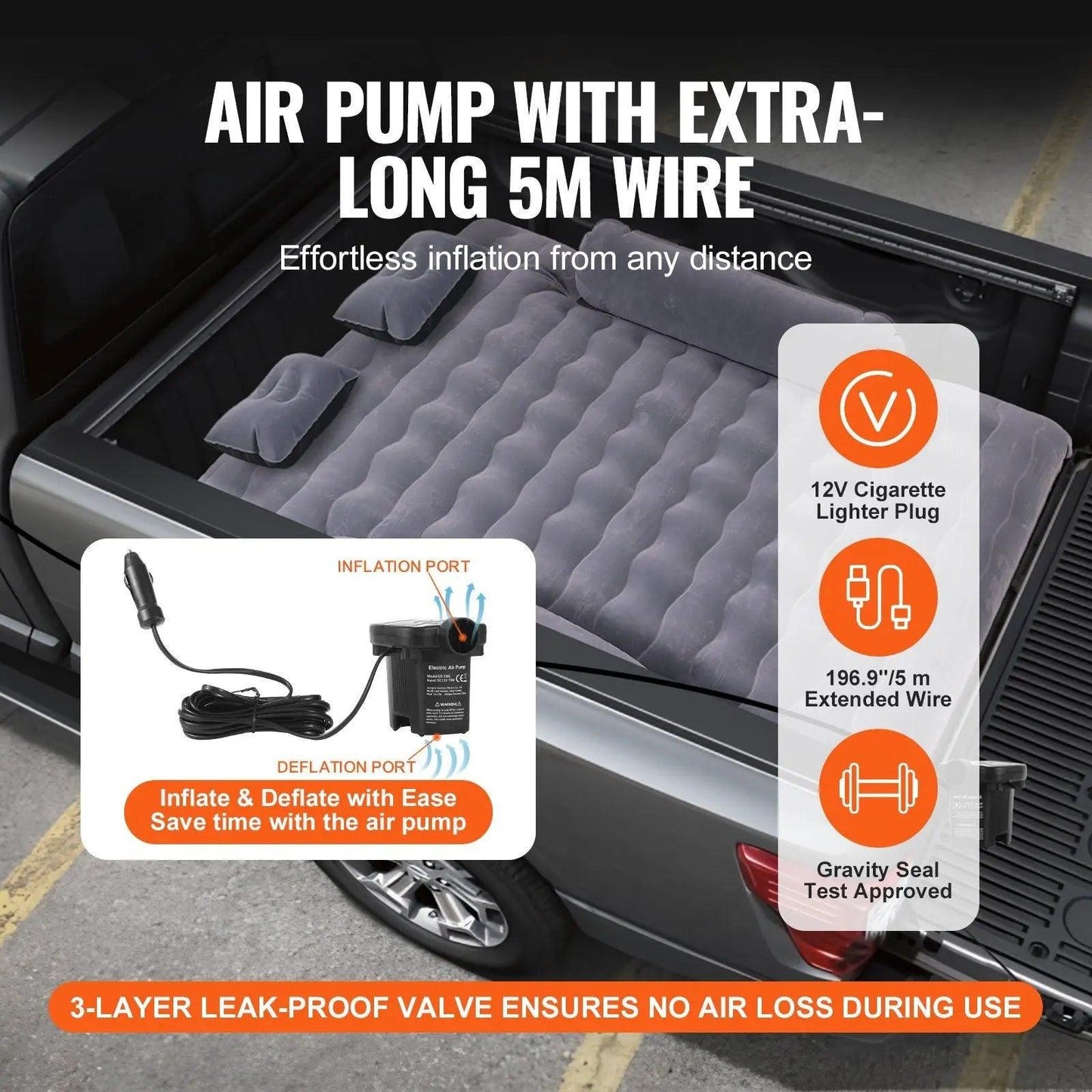 VEVOR Truck Bed Air Mattress, for 6-6.5 ft Full Size Truck Beds, Inflatable Air Mattress Camping Bed with 12V Air Pump 2 Pillows, Carry Bag, for Chevrolet Silverado, Dodge Ram, Ford 150/250/350 Doba