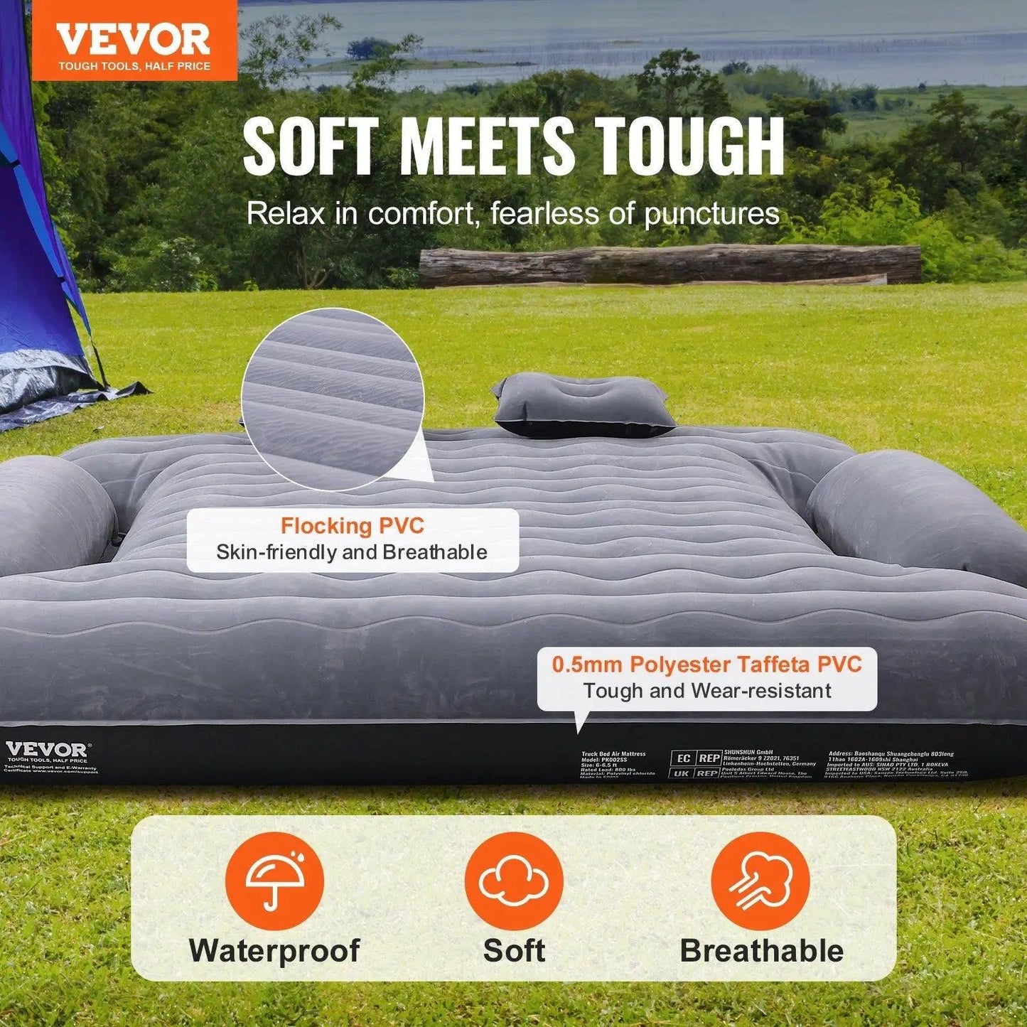 VEVOR Truck Bed Air Mattress, for 6-6.5 ft Full Size Truck Beds, Inflatable Air Mattress Camping Bed with 12V Air Pump 2 Pillows, Carry Bag, for Chevrolet Silverado, Dodge Ram, Ford 150/250/350 Doba